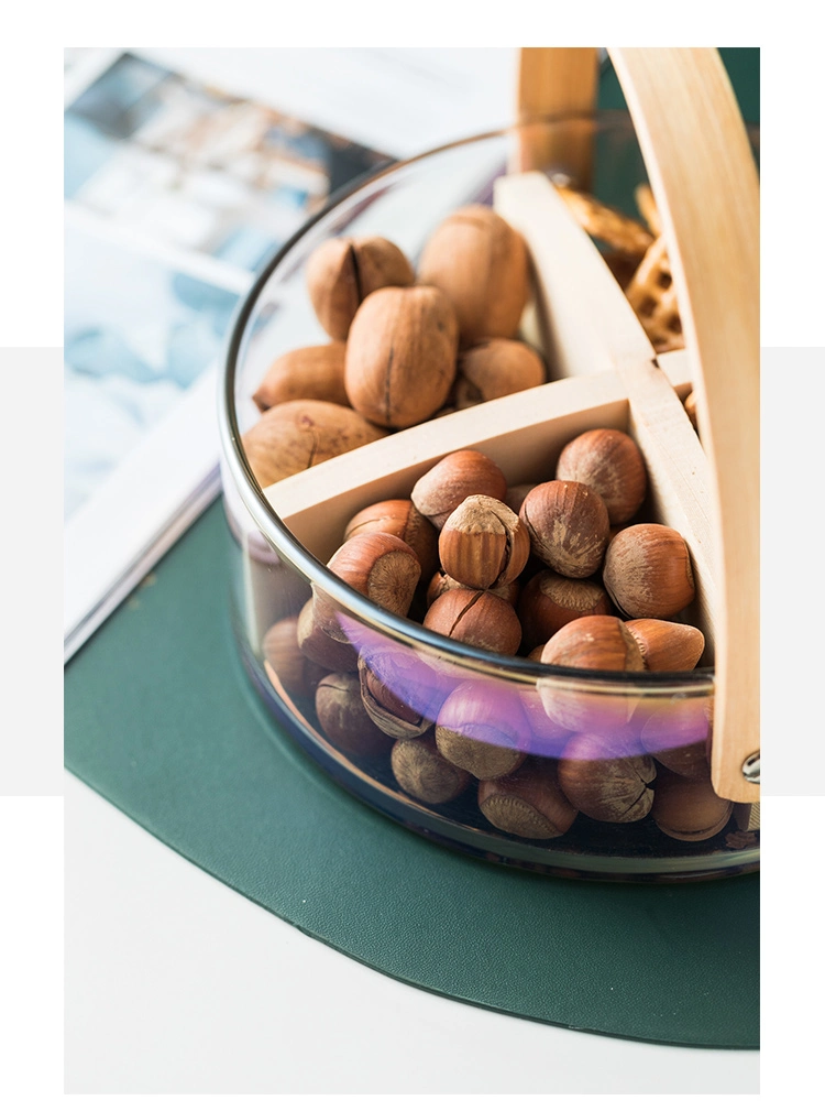 Clear Glass Storage Basket, Glass Fruit Plate with Bamboo Handle