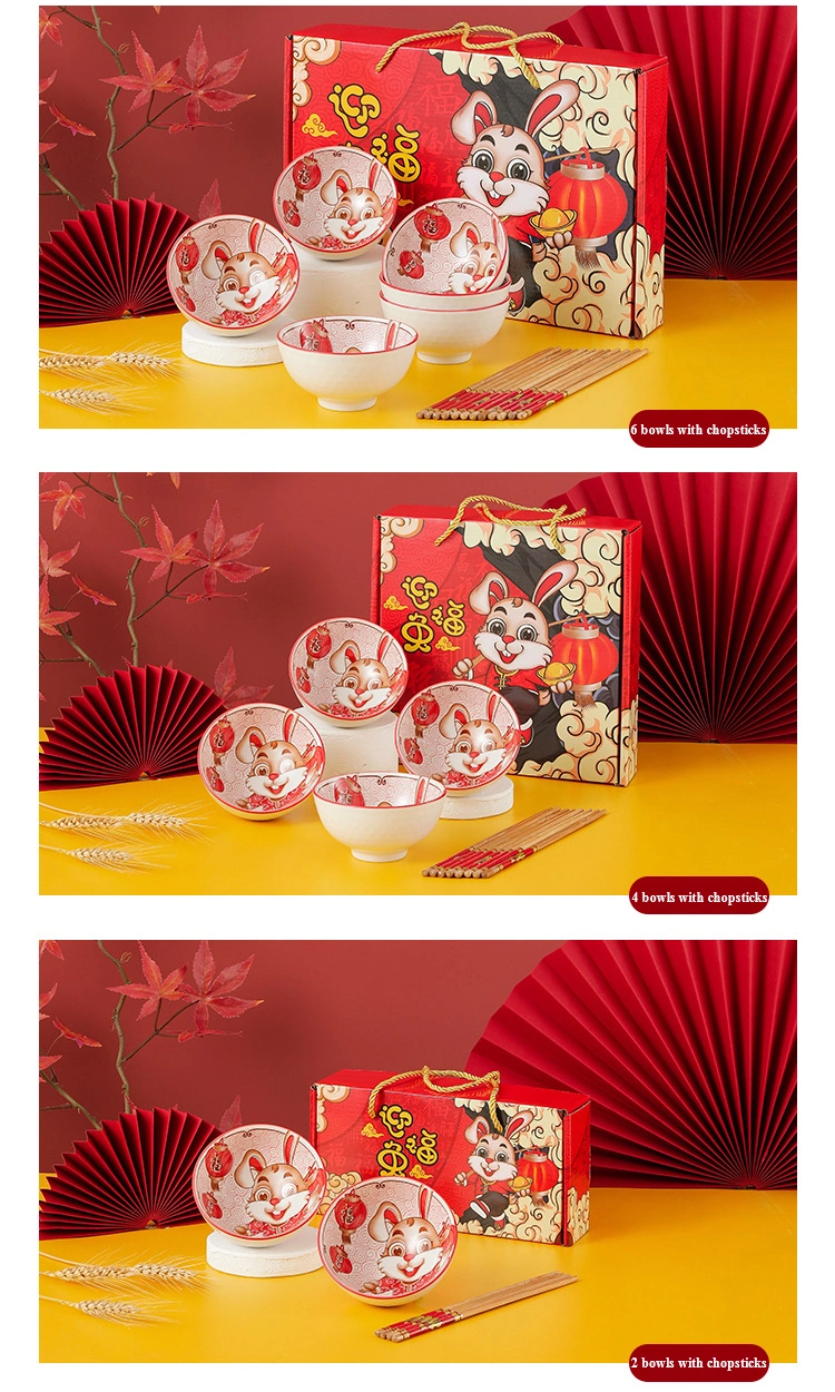 Rabbit Year Ceramic Bowl Gift Set 4.5inch Rabbit Bowls with Chopsticks for Chinese New Year OEM Logo