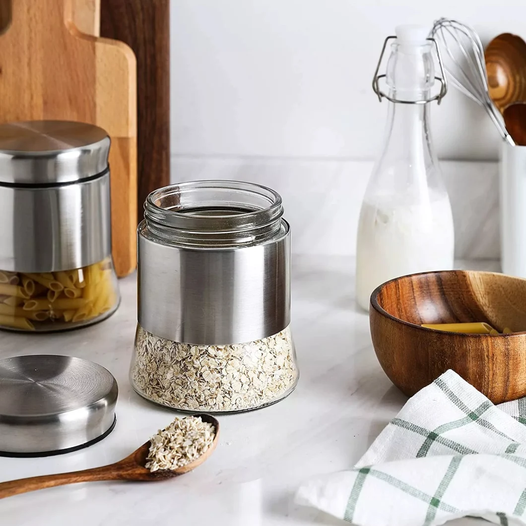 Factory Wholesale Kitchen Brushed Stainless Steel Glass Tea Coffee Sugar Storage Jar Canister Set with Metal Lid