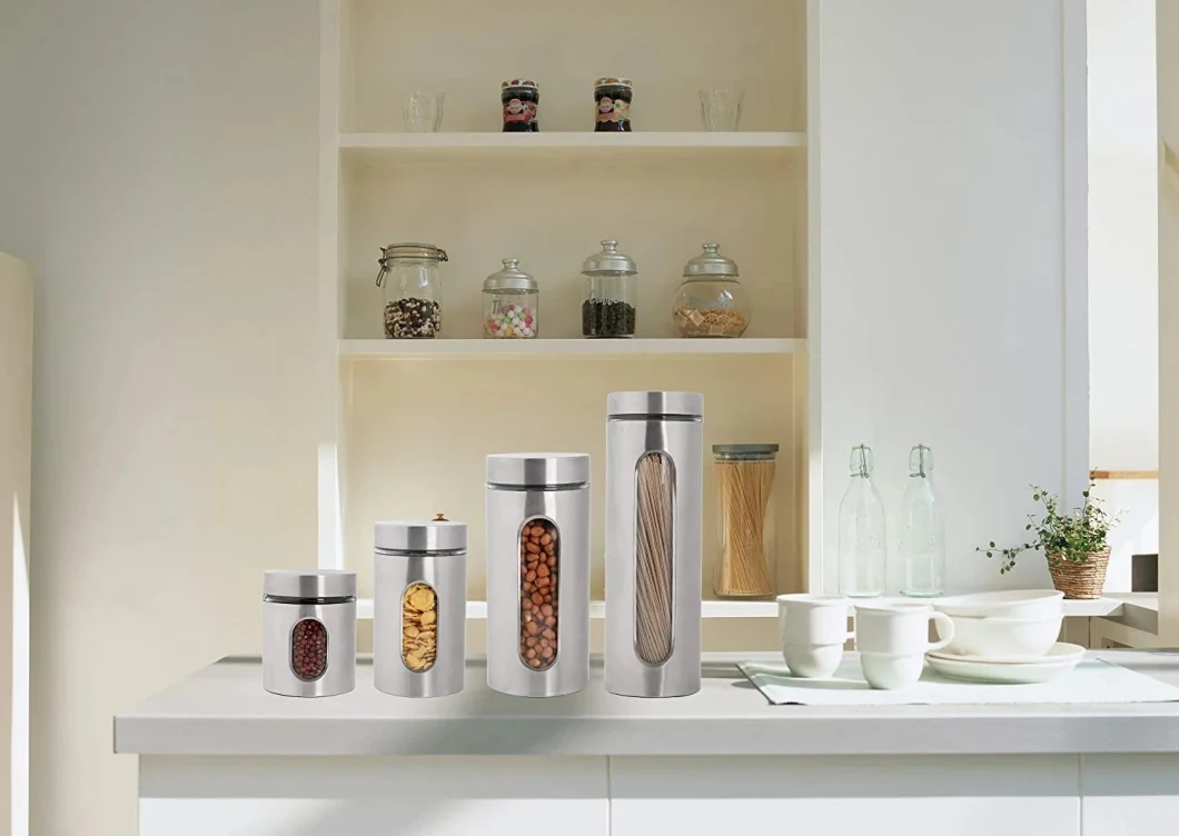 Factory Wholesale Kitchen Brushed Stainless Steel Glass Tea Coffee Sugar Storage Jar Canister Set with Metal Lid