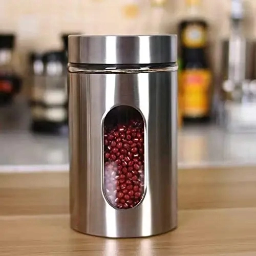 Factory Wholesale Kitchen Brushed Stainless Steel Glass Tea Coffee Sugar Storage Jar Canister Set with Metal Lid